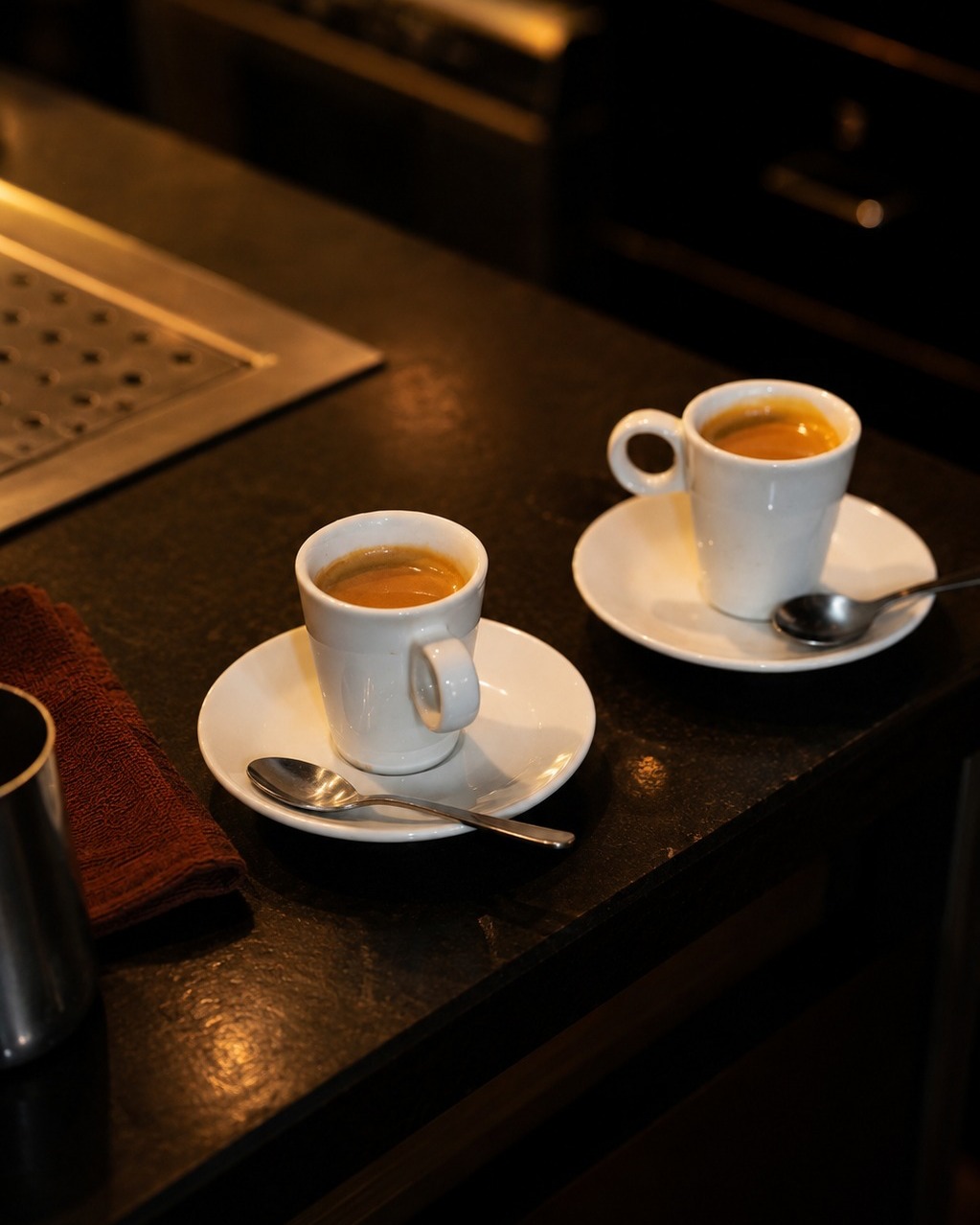 Deux espressos servis dans des tasses blanches sur soucoupes dans une ambiance lounge