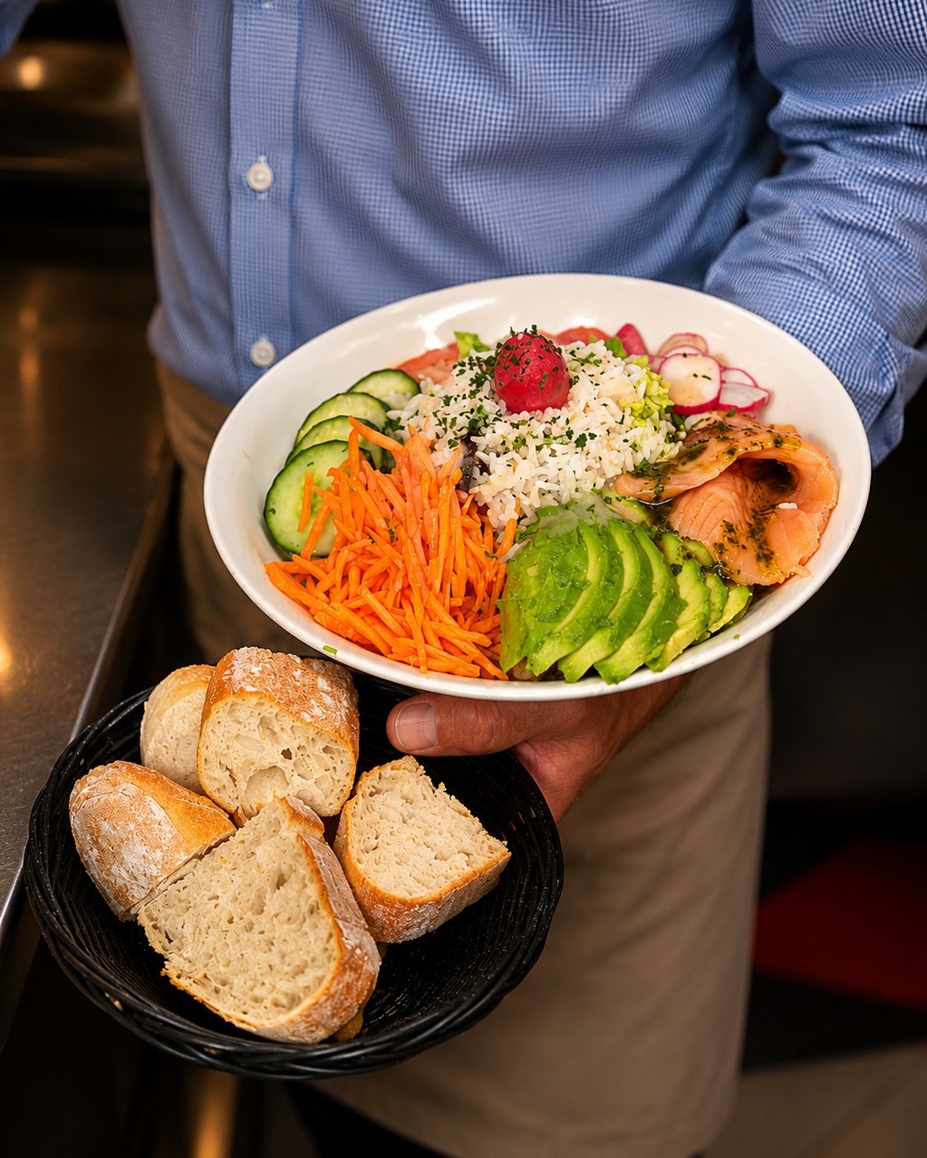 Assiette fraîche avec saumon, riz, avocat, légumes et pain grillé