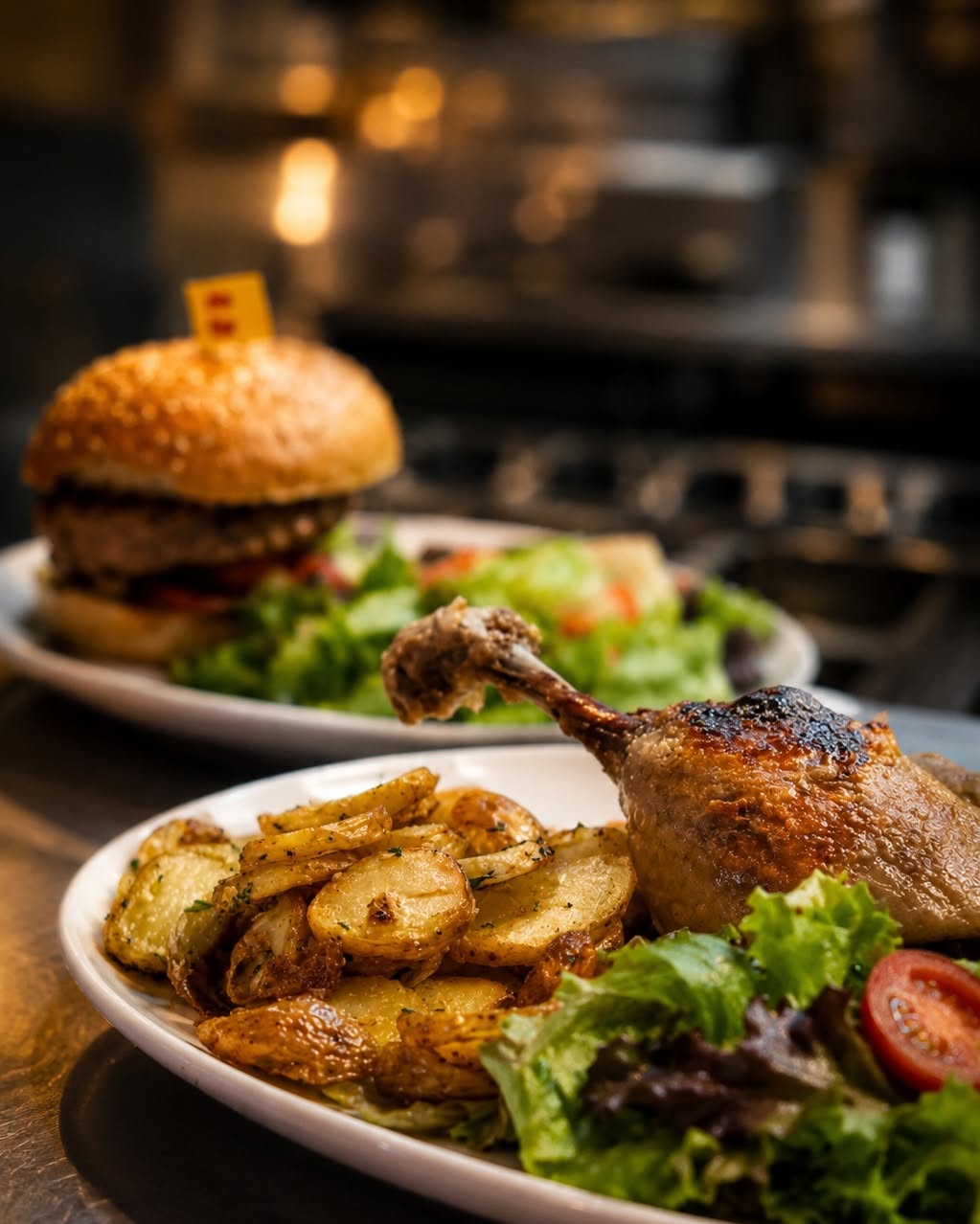 Cuisse de poulet rôti avec frites dorées et salade fraîche en assiette
