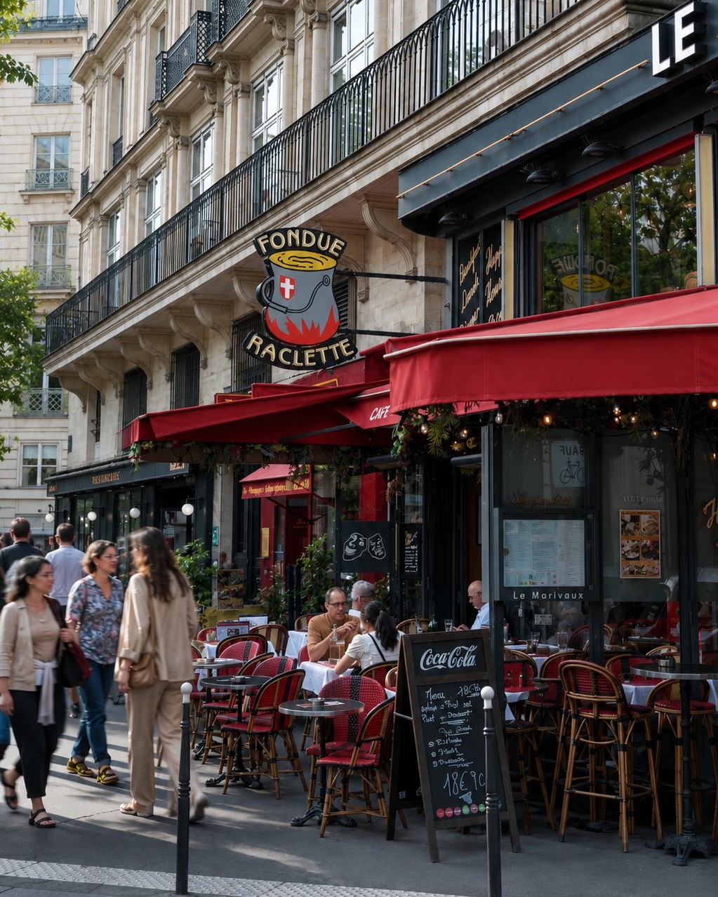 Terrasse du restaurant Le Marivaux à Paris avec auvent rouge, chaises bistrot et façade haussmannienne